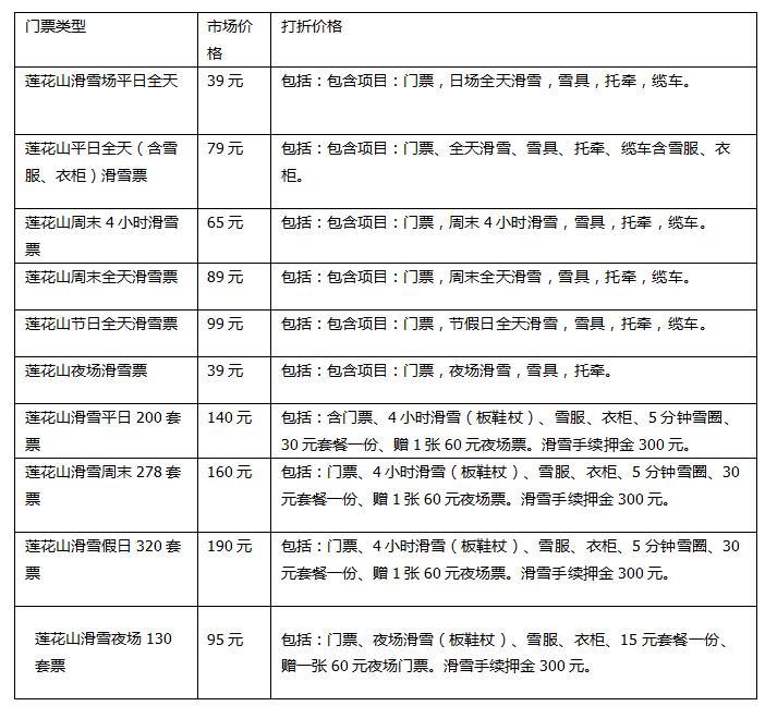 北京顺义莲花山滑雪场门票价格